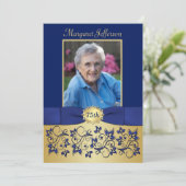 Royal Blue en Gold 75th Photo Birthday Invitation Kaart (Staand voorkant)