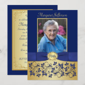 Royal Blue en Gold 75th Photo Birthday Invitation Kaart (Voorkant / Achterkant)