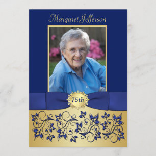 Royal Blue en Gold 75th Photo Birthday Invitation Kaart
