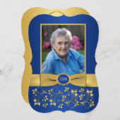Royal Blue en Gold 75th Photo Birthday Invitation Kaart (Voorkant / Achterkant)
