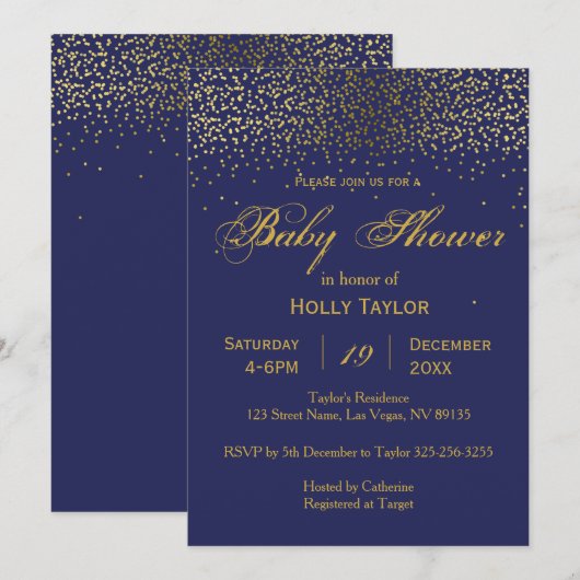Royal Blue en Gold Baby shower Invitation Kaart (Voorkant / Achterkant)