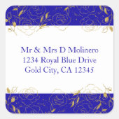 Royal Blue en Gold Bloemenplein Adresetiketten Vierkante Sticker (Voorkant)