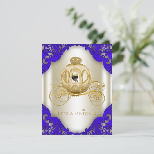 Royal Blue en Gold Carriage Prince Baby shower Kaart (Staand voorkant)