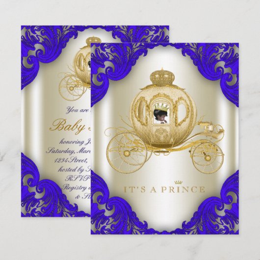 Royal Blue en Gold Carriage Prince Baby shower Kaart (Voorkant / Achterkant)