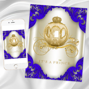 Royal Blue en Gold Carriage Prince Baby shower Kaart