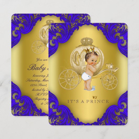 Royal Blue en Gold Carriage Prince Baby shower Kaart (Voorkant / Achterkant)