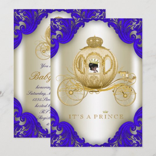 Royal Blue en Gold Carriage Prince Baby shower Kaart (Voorkant / Achterkant)