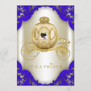 Royal Blue en Gold Carriage Prince Baby shower Kaart