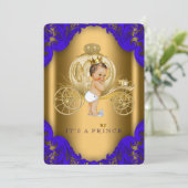 Royal Blue en Gold Carriage Prince Baby shower Kaart (Staand voorkant)