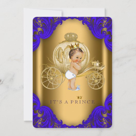 Royal Blue en Gold Carriage Prince Baby shower Kaart (Voorkant)