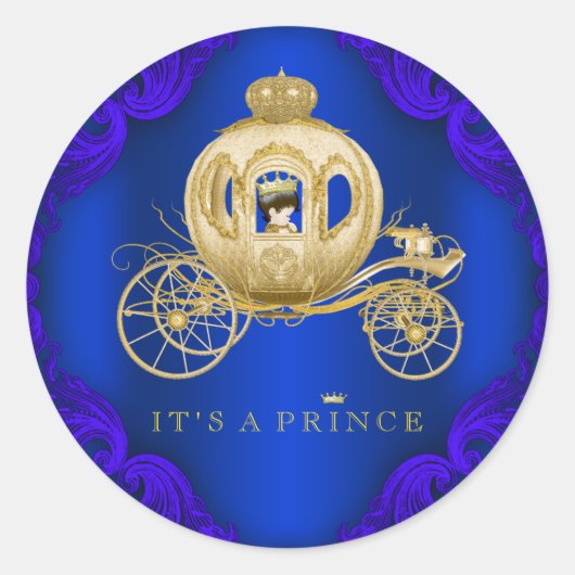 Royal Blue en Gold Carriage Prince Baby shower Ronde Sticker (Voorkant)