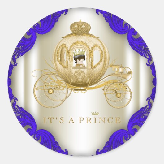 Royal Blue en Gold Carriage Prince Baby shower Ronde Sticker (Voorkant)