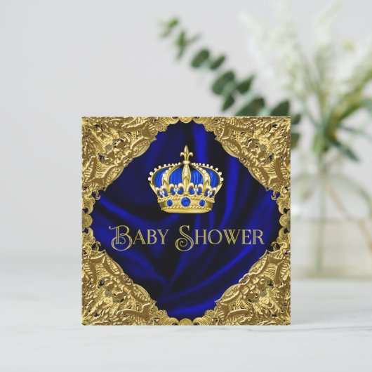 Royal Blue en Gold Crown Baby shower Kaart (Staand voorkant)