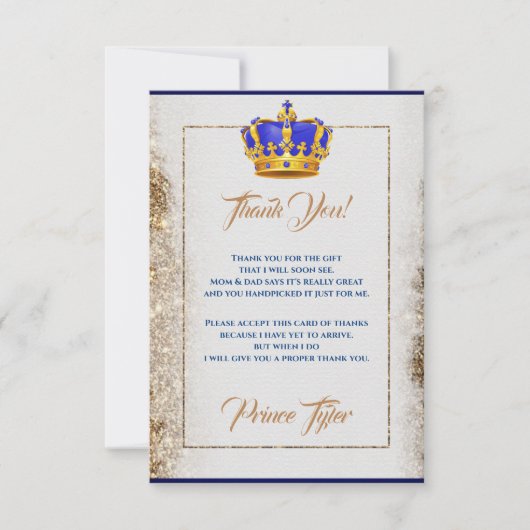 Royal Blue en Gold Crown Prince Baby shower Bedankkaart (Voorkant)