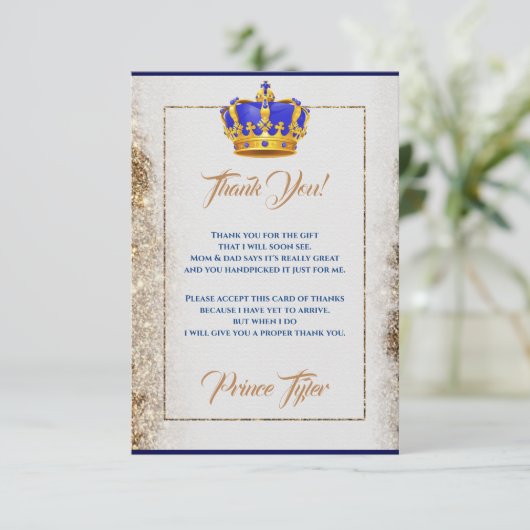 Royal Blue en Gold Crown Prince Baby shower Bedankkaart (Staand voorkant)