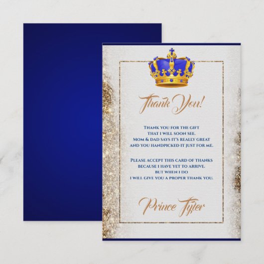 Royal Blue en Gold Crown Prince Baby shower Bedankkaart (Voorkant / Achterkant)