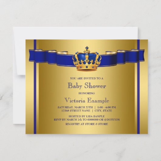 Royal Blue en Gold Crown Prince Baby shower Kaart (Achterkant)