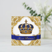 Royal Blue en Gold Crown Prince Baby shower Kaart (Staand voorkant)