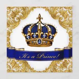 Royal Blue en Gold Crown Prince Baby shower Kaart