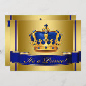 Royal Blue en Gold Crown Prince Baby shower Kaart (Voorkant / Achterkant)