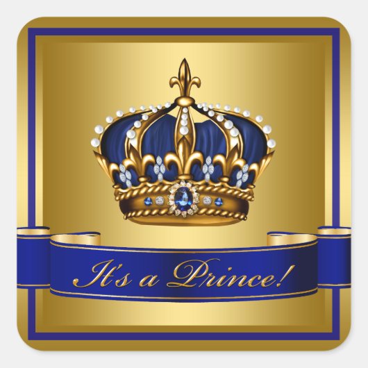 Royal Blue en Gold Crown Prince Baby shower Vierkante Sticker (Voorkant)