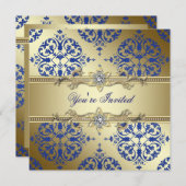 Royal Blue en Gold Damask Party Uitnodigingen (Voorkant / Achterkant)