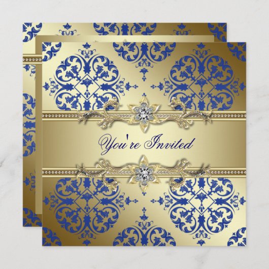 Royal Blue en Gold Damask Party Uitnodigingen (Voorkant / Achterkant)
