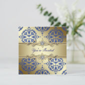 Royal Blue en Gold Damask Party Uitnodigingen (Staand voorkant)