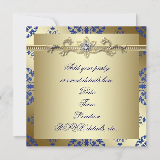 Royal Blue en Gold Damask Party Uitnodigingen (Achterkant)