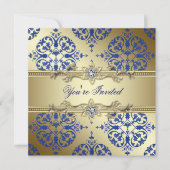 Royal Blue en Gold Damask Party Uitnodigingen (Voorkant)