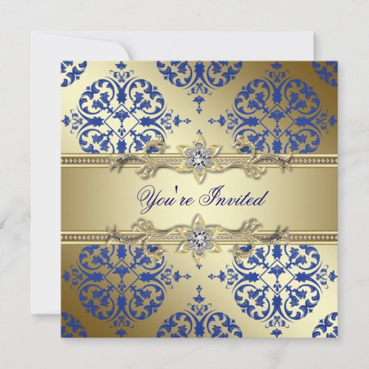 Royal Blue en Gold Damask Party Uitnodigingen (Voorkant)