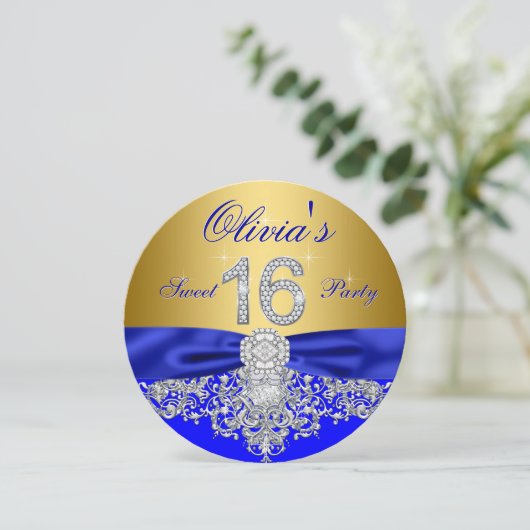 Royal Blue en Gold Diamond Sweet 16 Party Kaart (Staand voorkant)