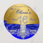 Royal Blue en Gold Diamond Sweet 16 Party Kaart (Voorkant / Achterkant)