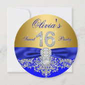 Royal Blue en Gold Diamond Sweet 16 Party Kaart (Voorkant)
