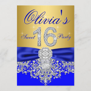 Royal Blue en Gold Diamond Sweet 16 Party Kaart
