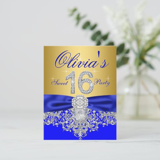 Royal Blue en Gold Diamond Sweet 16 Party Kaart (Staand voorkant)