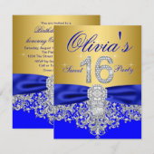 Royal Blue en Gold Diamond Sweet 16 Party Kaart (Voorkant / Achterkant)