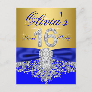 Royal Blue en Gold Diamond Sweet 16 Party Kaart