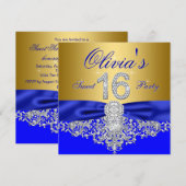 Royal Blue en Gold Diamond Sweet 16 Party Kaart (Voorkant / Achterkant)