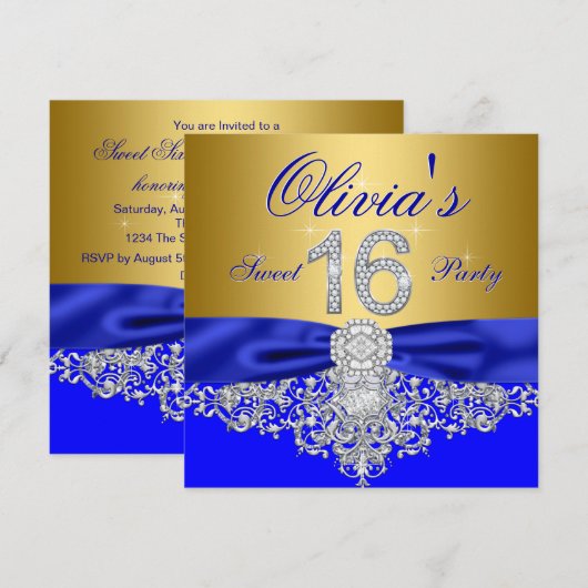 Royal Blue en Gold Diamond Sweet 16 Party Kaart (Voorkant / Achterkant)