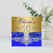 Royal Blue en Gold Diamond Sweet 16 Party Kaart (Staand voorkant)