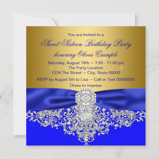 Royal Blue en Gold Diamond Sweet 16 Party Kaart (Achterkant)