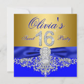 Royal Blue en Gold Diamond Sweet 16 Party Kaart (Voorkant)