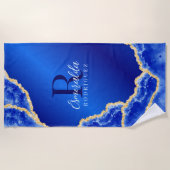 Royal Blue en Gold Elegant Agate Monogrammed Strandlaken (Voorkant)
