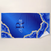 Royal Blue en Gold Elegant Marble Monogrammed Strandlaken (Voorkant)
