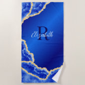 Royal Blue en Gold Elegant Marble Monogrammed Strandlaken (Voorkant)