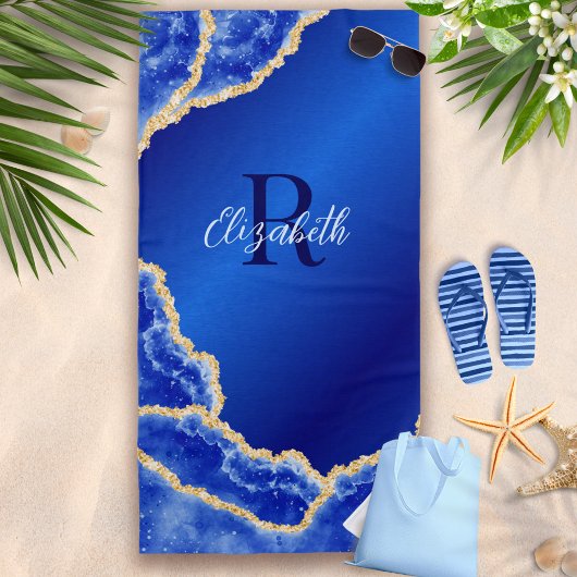 Royal Blue en Gold Elegant Marble Monogrammed Strandlaken