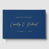 Royal Blue en Gold Elegant Script Trouwfoto Gastenboek (Voorkant)