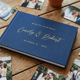 Royal Blue en Gold Elegant Script Trouwfoto Gastenboek