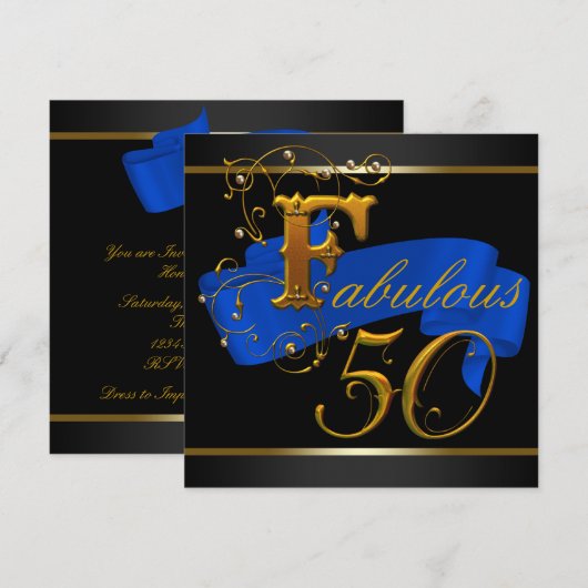 Royal Blue en Gold Fabulous 50ste verjaardagsfeest Kaart (Voorkant / Achterkant)